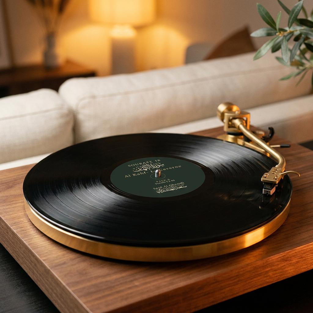 Vinyle sur platine, canapé crème